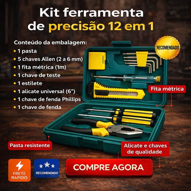 Kit de Ferramentas 12 Peças com Maleta Portátil Jogo Completo p/ Manutenção Residencial e Automotiva
