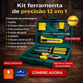 Kit de Ferramentas 12 Peças com Maleta Portátil Jogo Completo p/ Manutenção Residencial e Automotiva