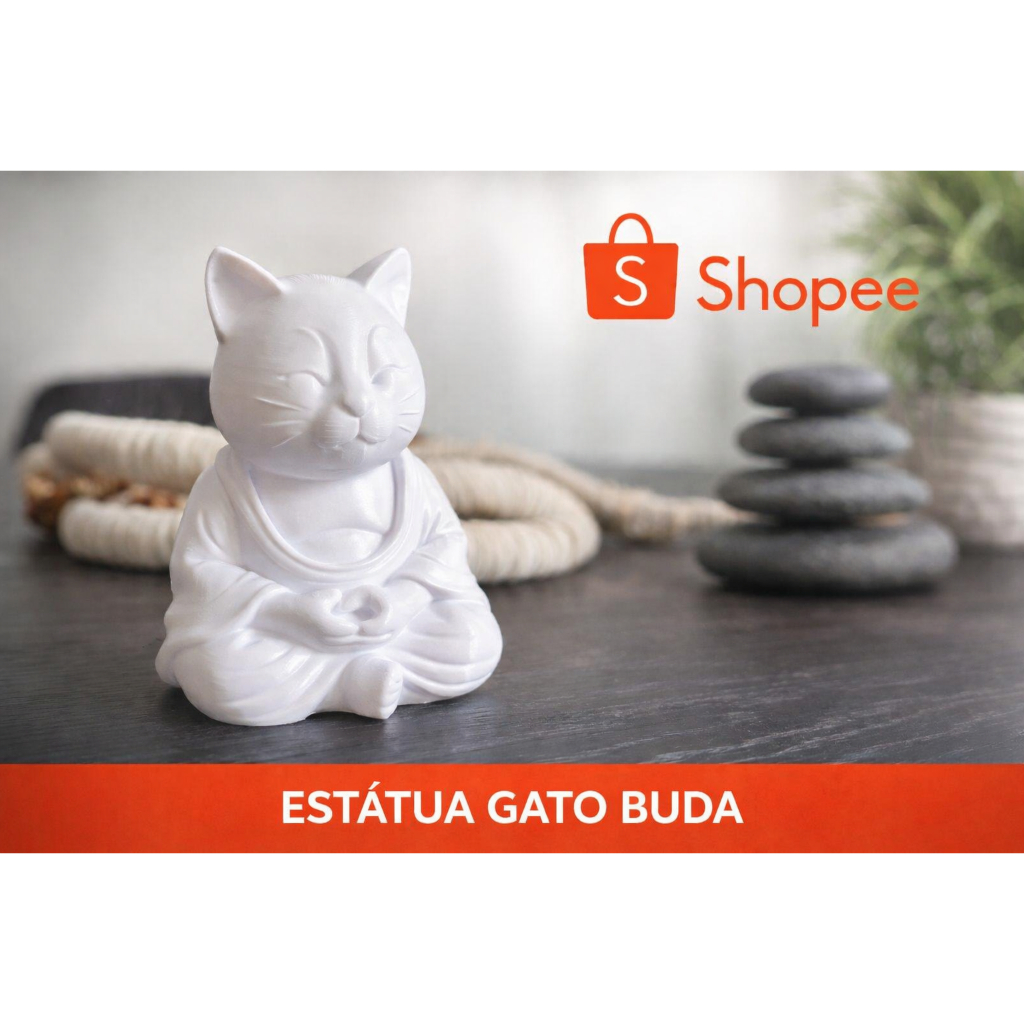 Imagem Estátua Gato Buda Decorativo – Escultura Zen para Casa e Escritório