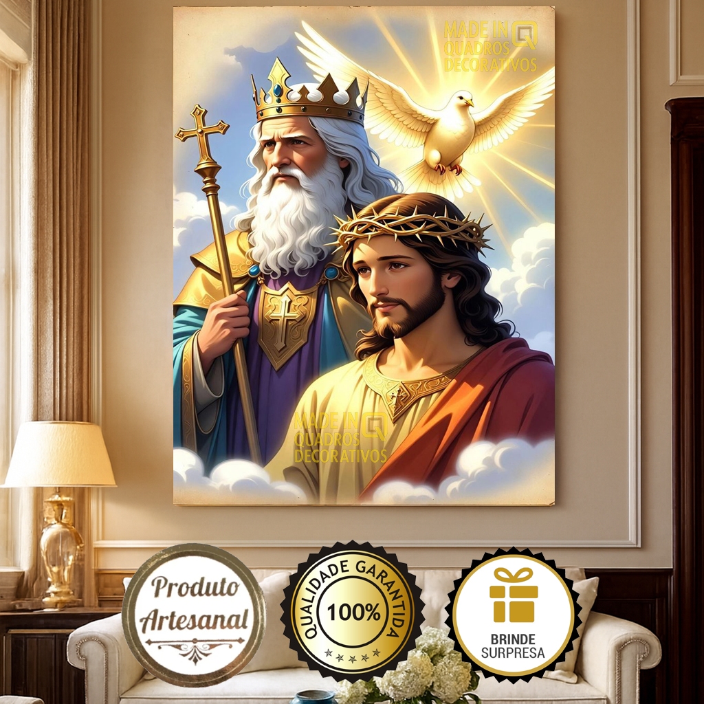 Quadro Decorativo Divina Trindade, Pai Filho Espírito Santo Católico Cristão Cores Vivas e Vibrantes