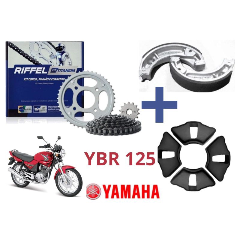 Kit Transmissão Relação Tração RIFFEL YBR/FACTOR 125 + Patins (Lona) De Freio + Coxim (Bucha) Da Coroa De 2000 à 2016