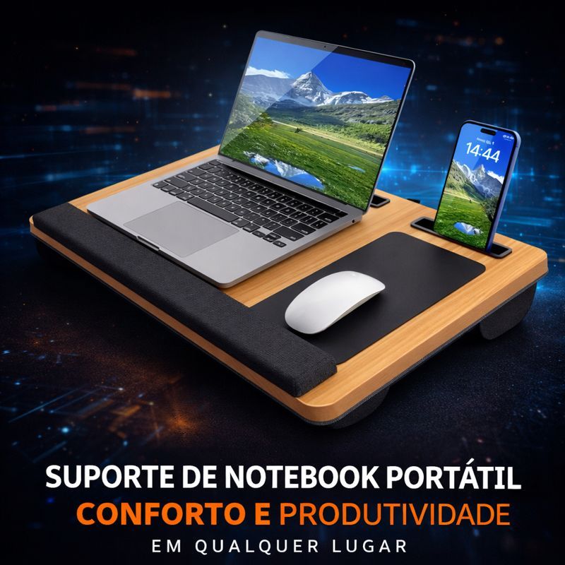 Mesa Base Portátil Premium de Colo p/ Notebook Acolchoada Home Office Quarto Escritório Cor: Madeira em Oferta na Shopee