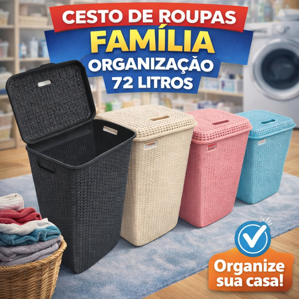 Cesto Roupa Suja Roupeiro Grande 72L com Tampa Rattan Qualidade Lavanderia Banheiro Multiuso Gigante Família Premium