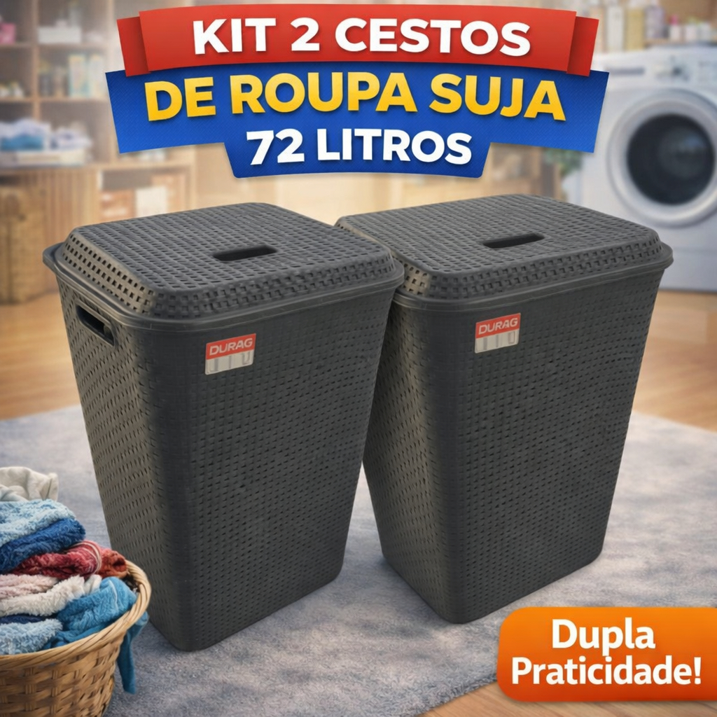 Kit 2 Cesto De Roupa Suja Grande 72L Resistente Organizador Roupas Lavanderia Tampa Família Banheiro