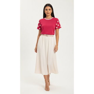 BLUSA T-SHIRT CAMISETA BABYLOOK GOLA LUREX ESTAMPADA NA MANGA em Oferta na Shopee