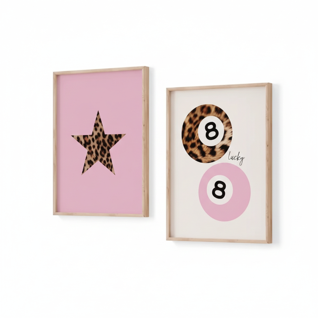 Quadros decorativos Estrela e bola de sinuca estampa onça (2 peças)