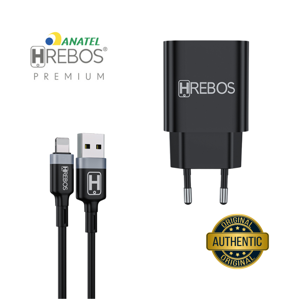 Carregador Para iPhone 8 ao 14 Speed Turbo Hrebos 18W Preto + Cabo Lightning 1m HS-183i