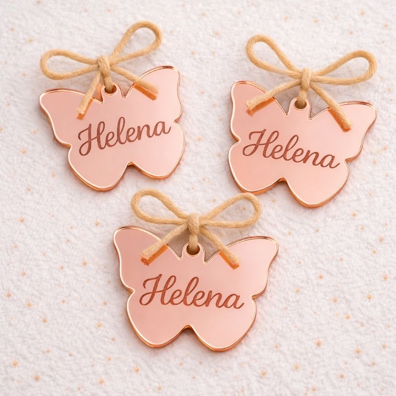 Aplique Tag Personalizada Formato Borboleta em Acrílico com Gravação a Laser Saquinho Lembrancinha Potiche