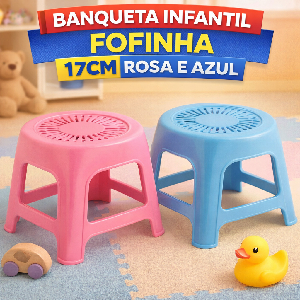 Banquinho Fofinho Infantil Plástico Reforçado 18cm Criança Azul e Rosa