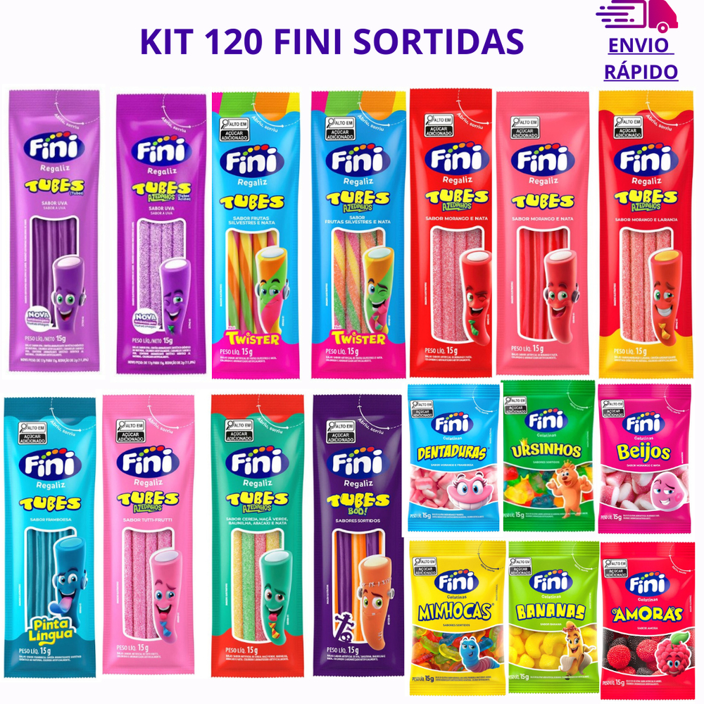 Kit 120 Balas Fini Tubes e Gelatinas 15g Sabores Variados