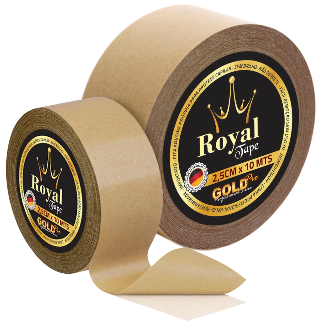 Fita Royal Tape Gold Pro 2,5cm x 10mts Protese Capilar Dupla Face Premium Peruca Mega Hair Prova Dagua Lace Front Orelha