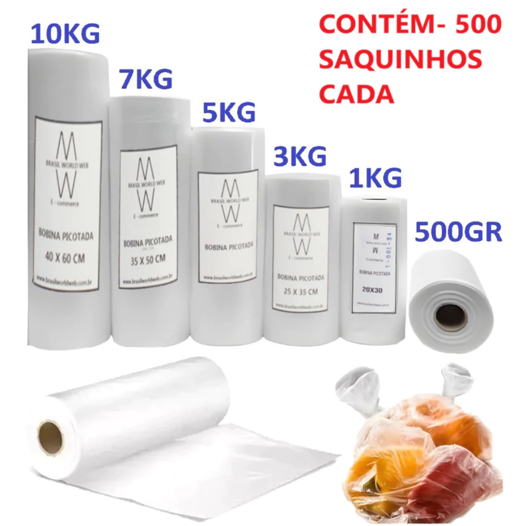 Bobina de sacos plásticos picotada para alimentos freezer microondas transparente 500 saquinhos