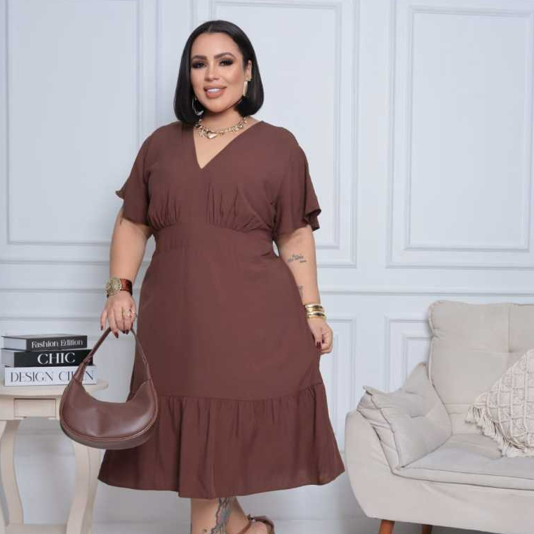 Vestido feminino viscolinho Midi Plus size com manga elegante em Oferta na Shopee