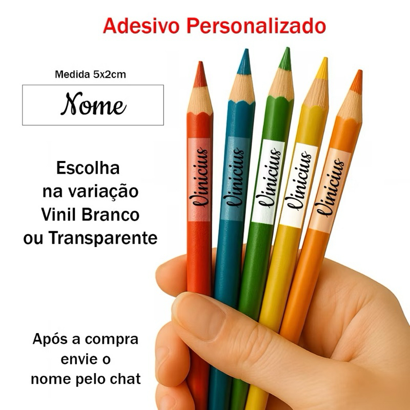 KIT com 50/100/150/200 Etiquetas Escolares Personalizadas para Lápis e Cadernos - Branco ou Transparente