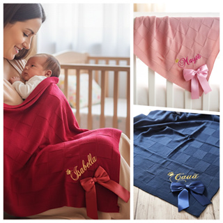 Manta Bebê Personalizada com Nome Bordado Tricot Maternidade Luxo Trico menino ou menina em Oferta na Shopee