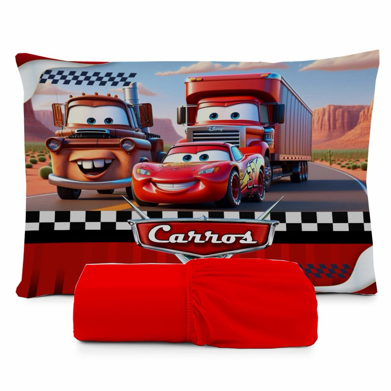 JOGO DE LENÇOL SOLTEIRO INFANTIL  CARROS MCQUEEN FRONHA TRAVESSEIRO 2 PEÇAS