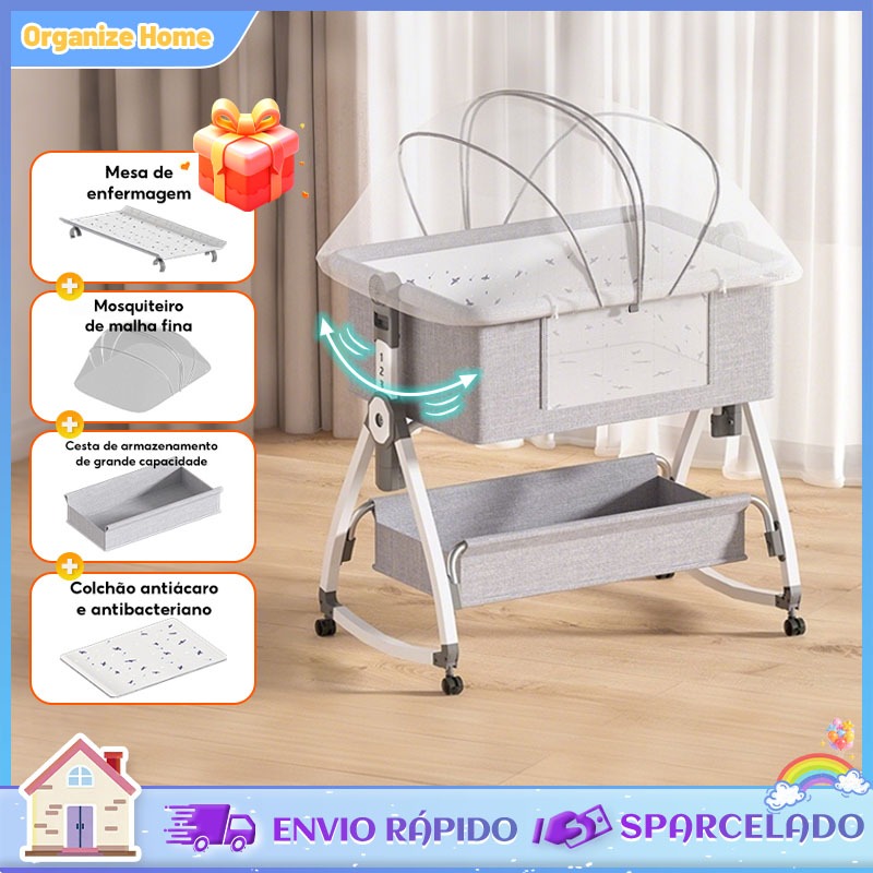Berço De Bebê 3 Em 1 , Infantil Portátil , Cama Oscilante Elevável Com Rede Mosquiteira em Oferta na Shopee