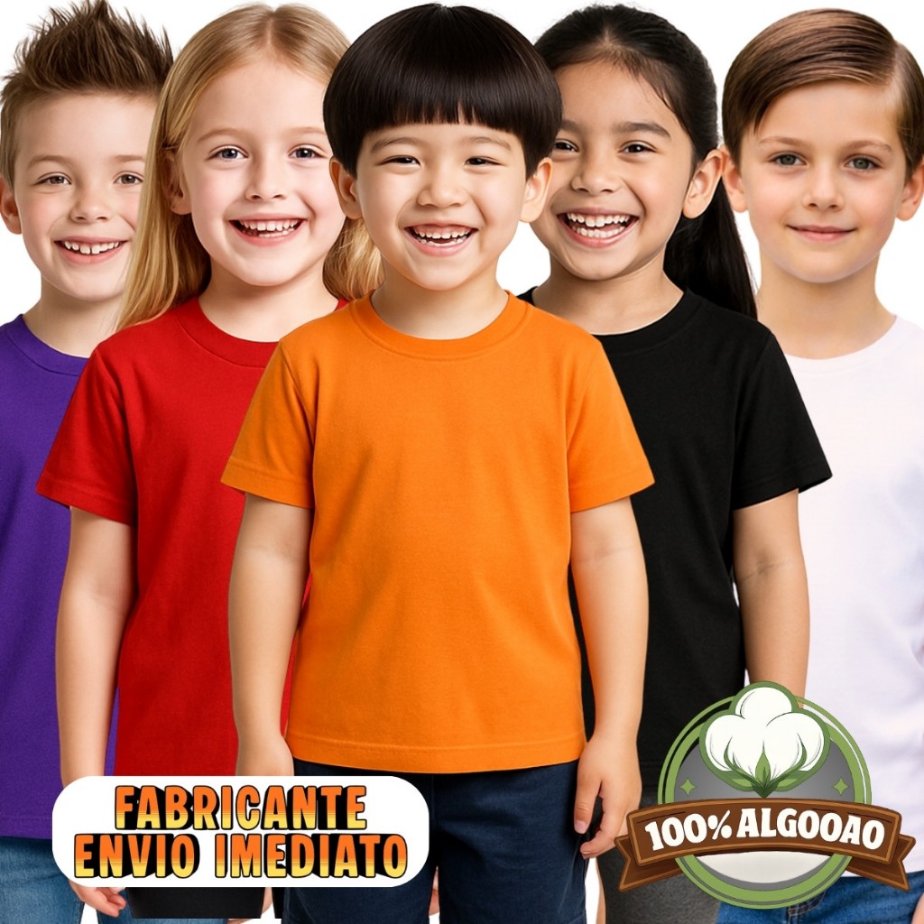 Kit 5 Blusa Malha Manga Curta 100% Algodão Infantil Juvenil Básica Menina Menino Feminina Tamanho