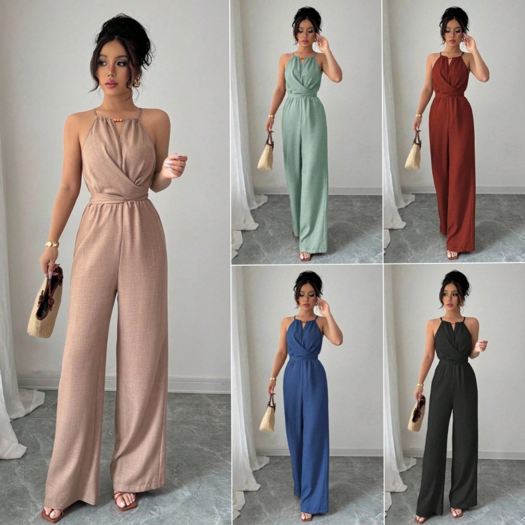 Macaquinho Longo Casual de Mulher para Primavera Verão Tecido Amarrotado com de Botões e Amarração em Oferta na Shopee