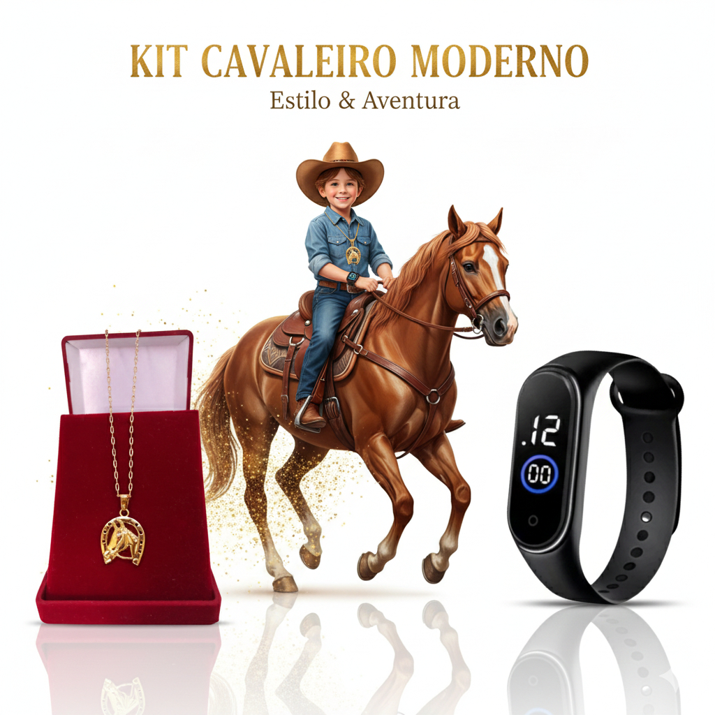 Kit Corrente  Infantil  Menino Colar Com  Pingente  Ferradura Cavalo  + Relógio Digital Led Prova Dgua