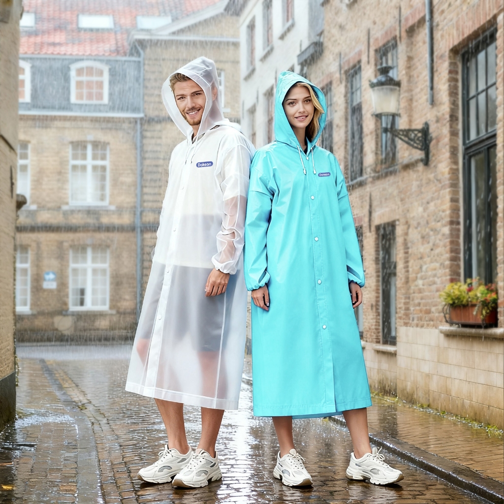 kit 2 capa chuva com Gabardina grossa e  comprida transparente eva reforçada reutilizável Azul celeste Branco