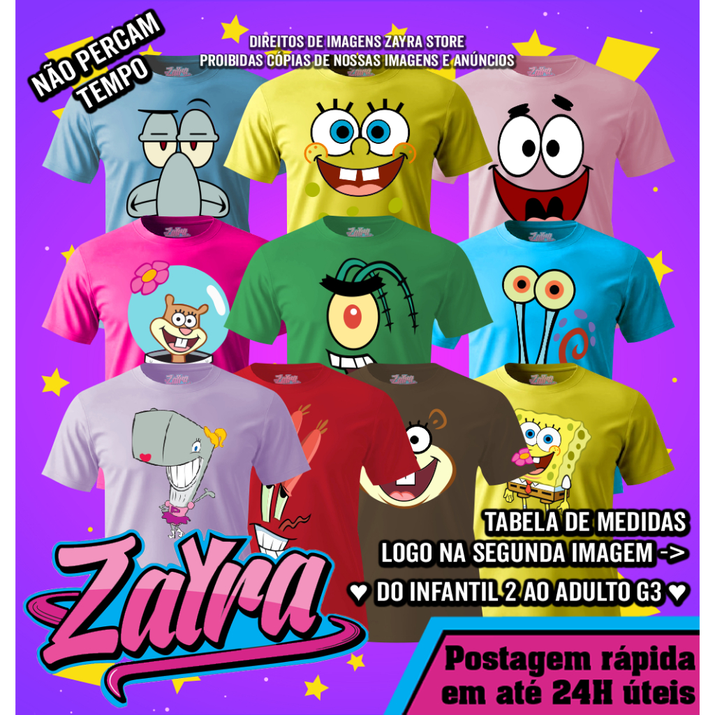 Camiseta Personalizada Bob Esponja Parte 1 (Do Infantil 2 ao Adulto G3) 100 % Algodão Cores Vivas