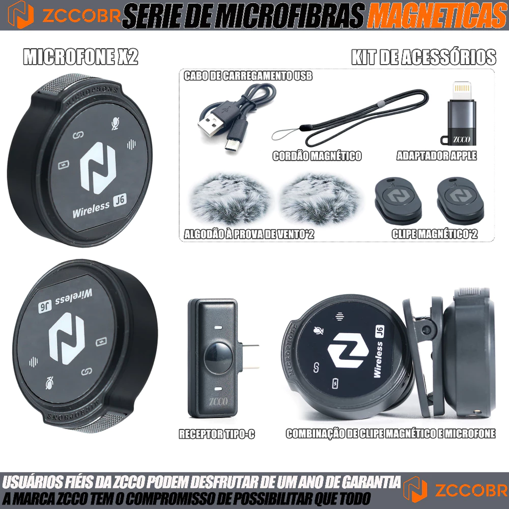 ZCCOBR J6-F 2 Microfone Lapela Magnética Com Tpye-c E Lightning