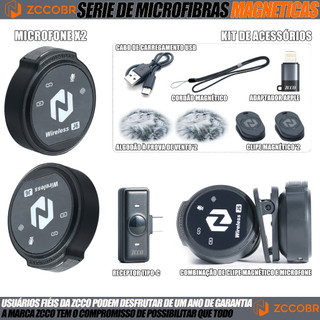 ZCCOBR J6-F 2 Microfone Lapela Magnética Com Tpye-c E Lightning