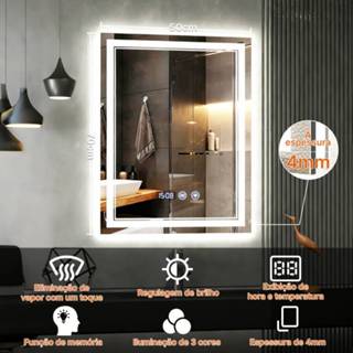 Espelho de Banheiro 70x50cm Antiembaçante com Toque - LED 3 Cores, Vidro de Segurança, Display Hora/Temperatura em Oferta na Shopee