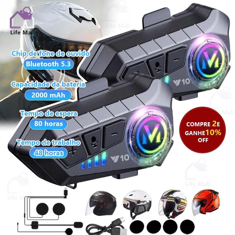 Fone Capacete Y10 Bluetooth 5.3 - Sem Fio, À Prova d'Água, Mãos Livres para Motocicleta, Chamadas Claras em Oferta na Shopee