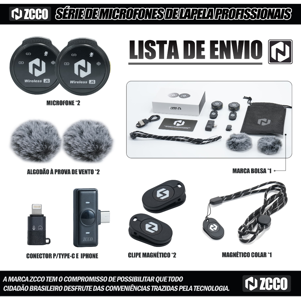 ZCCO J6-F Microfone Lapela Sem Fio Profissional Magnético Cancelamento Ruído Captação 360° Compatível iPhone iOS em Oferta na Shopee