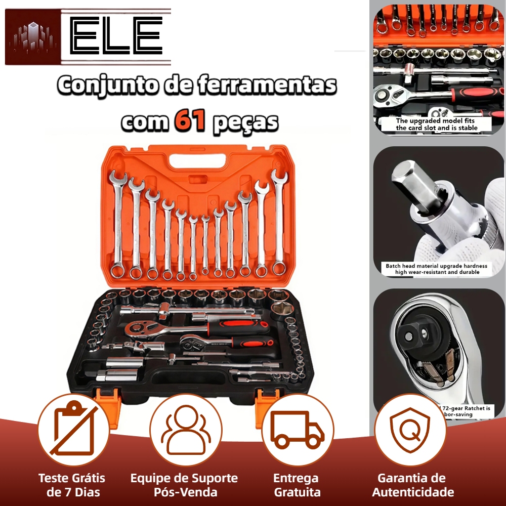 Kit Ferramenta Jogo Soquete Chave Combinada Catraca 61 Pcs