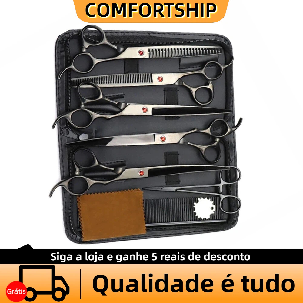 COMFORTSHIP>>7 PCS Pet Tesoura De Corte De Cabelo, Galvanizado Preto Pet Tesoura De Corte De Cabelo Set para Pet Groom em Oferta na Shopee