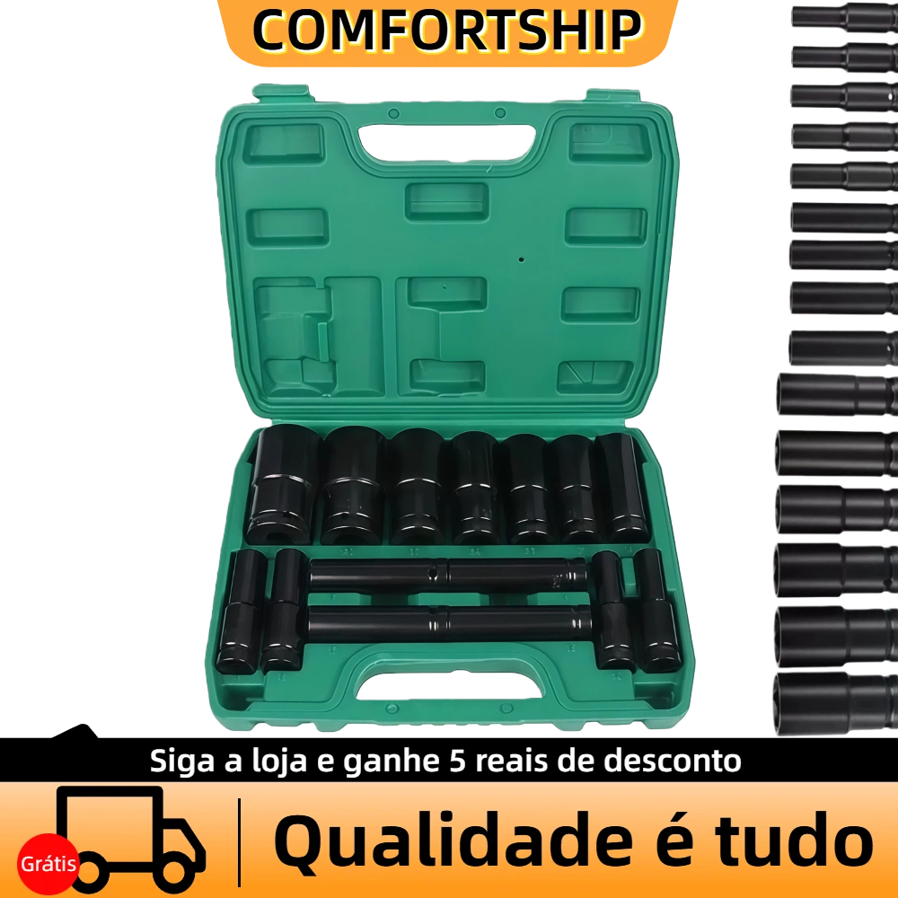 KIT 15/10 Peças Jogo de Soquetes de Impacto Longo 1/2  8 A 32mm