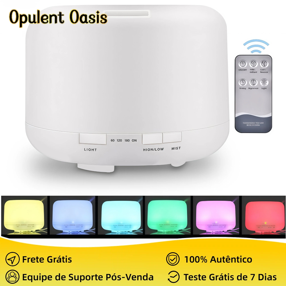 Umidificador Difusor Aromatizador 500ml Ultrassônico Estilo Branco com Led 7 cores com controle