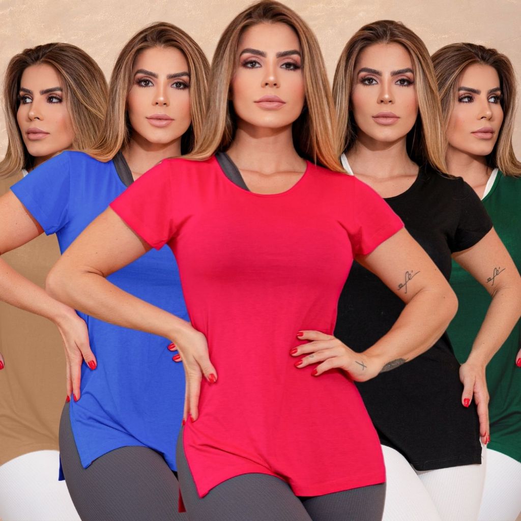 Kit C/5 Blusa Feminina Alongada Academia Fendas Laterais Sobre Legging Fitness Fresquinha Conforto