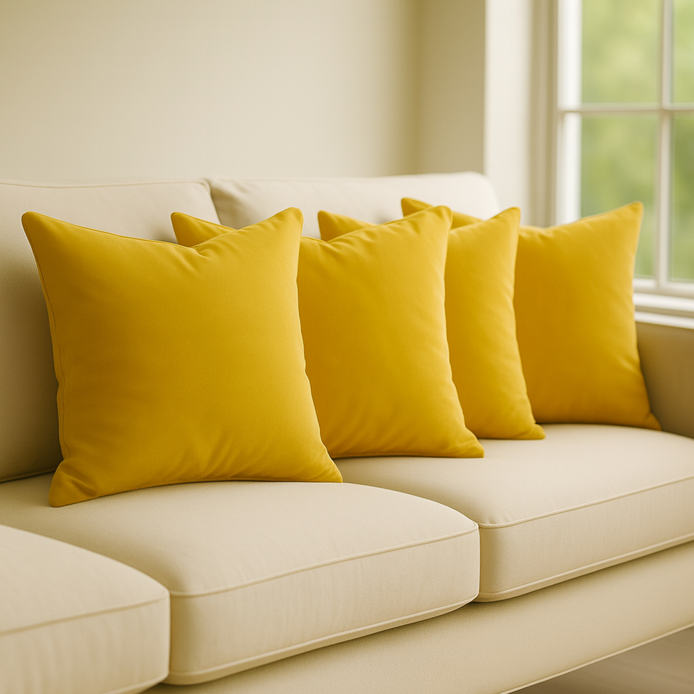 Kit 01-04 Capas De Almofadas Amarelo Tecido Suede Liso Decorativa Zíper Invisível Sofá Sala