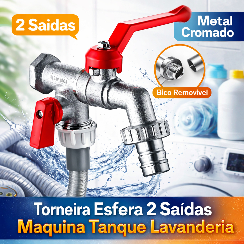 Torneira Esfera com 2 Saídas para Máquina e Tanque 1/2 e 3/4 em Metal Cromado com Bico Removível