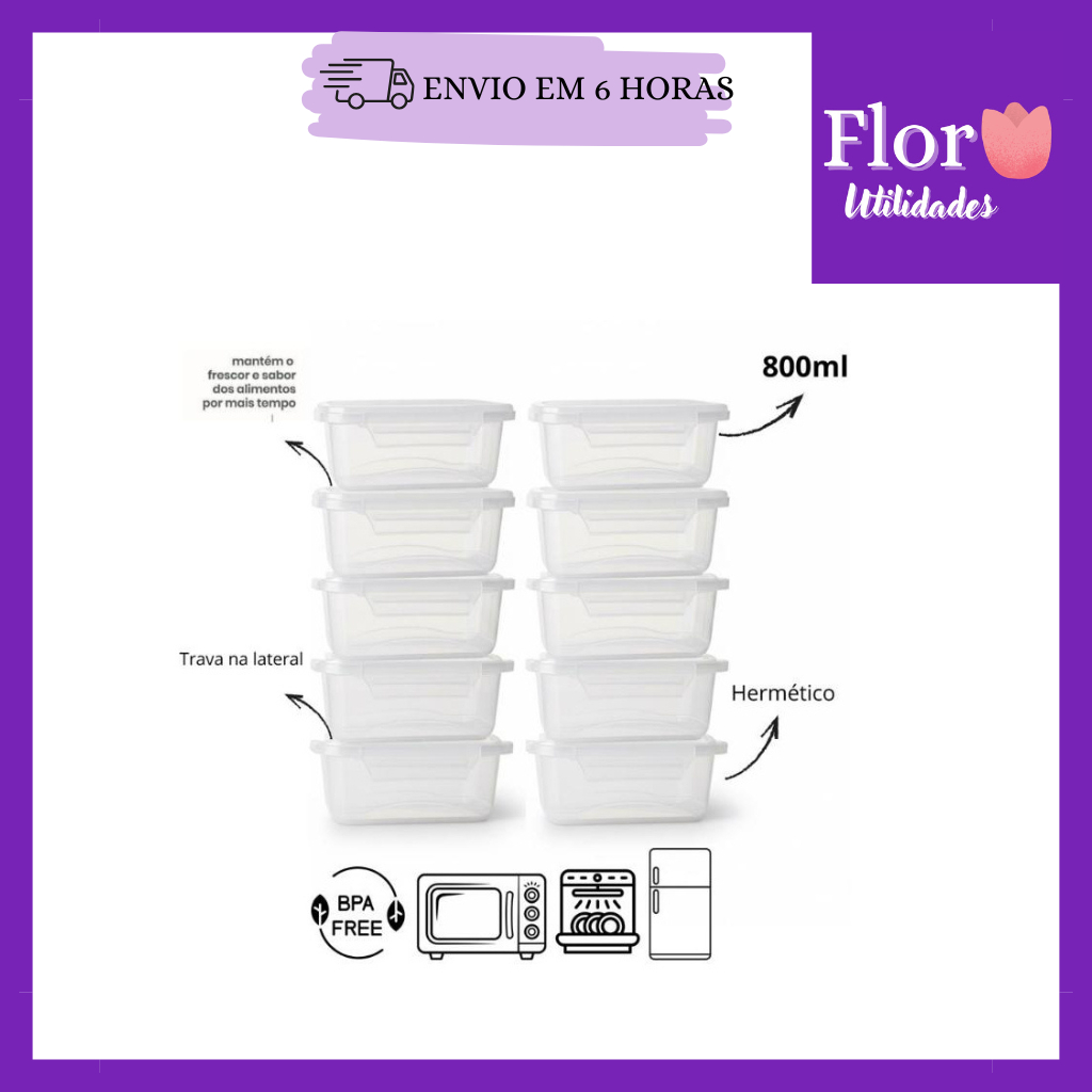 Kit 10 Marmita Potes 800ml com Travas Laterais BPA FREE - GRANDE Pequeno organizadores de congelador