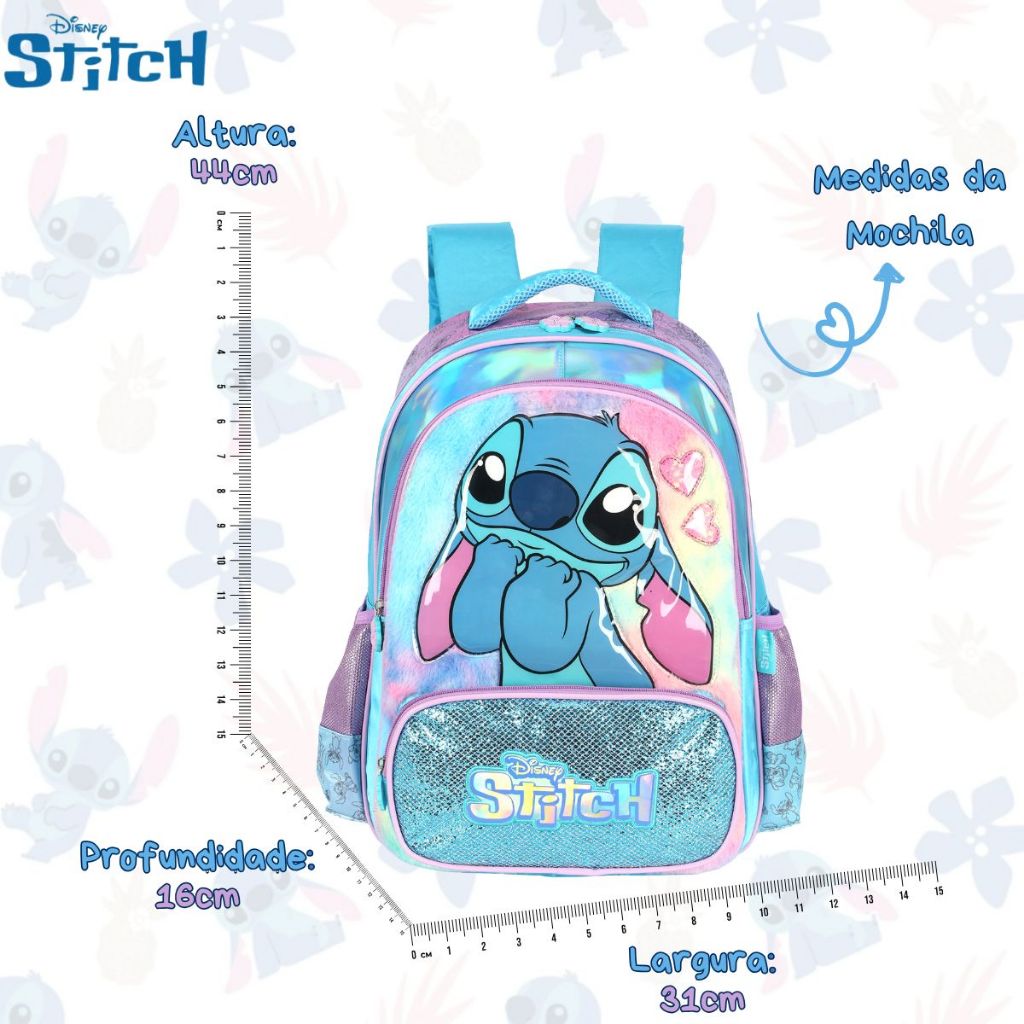 Kit Mochila Stitch Costas Holográfico Lancheira E Estojo Box