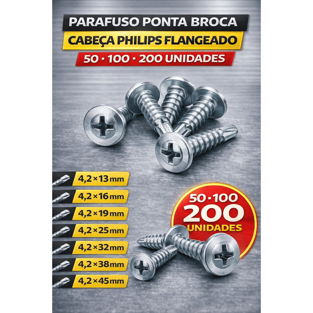 Parafuso Ponta Broca Cabeça Philips Flangeado | 50, 100 ou 200 Un | 4,2mm