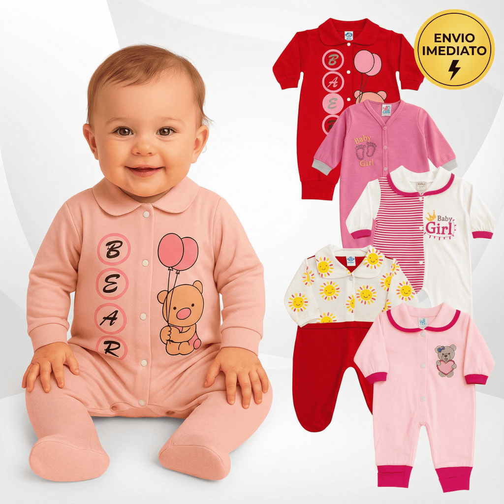 Kit 3 Macacão Menina Bebê Estampado Algodão Vira Pé Reversível Inverno Confortável Enxoval Macio