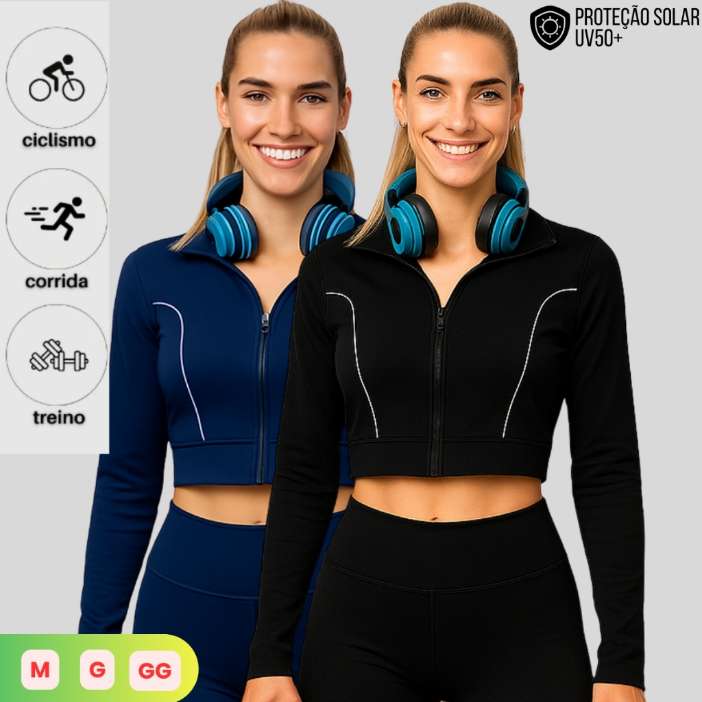 Kit 2 Casaco Fitness Casaquinho Proteção Solar Zíper Slim Blusa Térmica Treino Academia Feminina