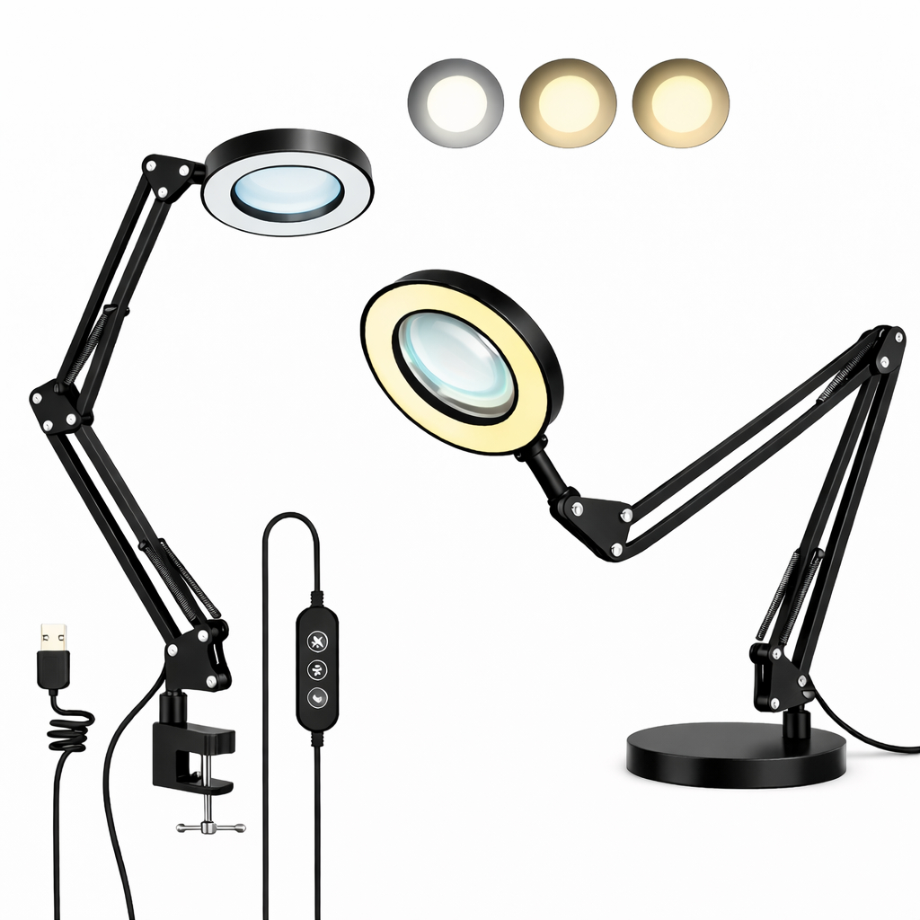 Luminária Ring Light com Lupa Aumento Led Embutida Base Garra Articulável