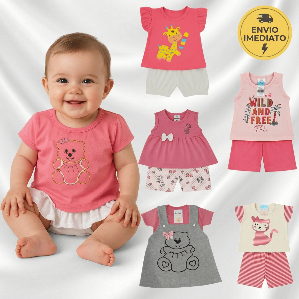 Kit 3 Conjuntos Menina Bebê Infantil Peças de Roupas Verão Infantil Fashion Short Blusa 100% Algodão