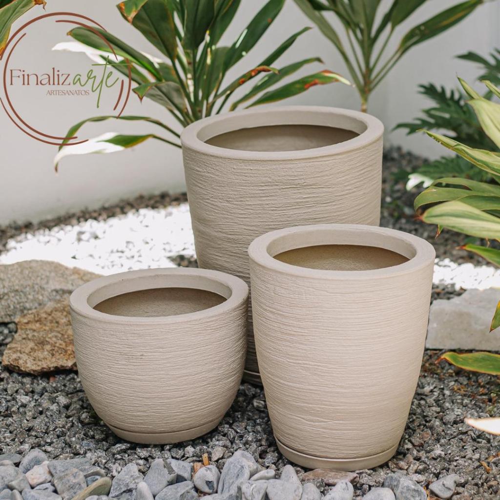 Kit Jogo 3 Vasos Polietileno Bojo Escovado Para Plantas Decorativo Luxo Jardim Flores Sala Varanda Área Interna Externa