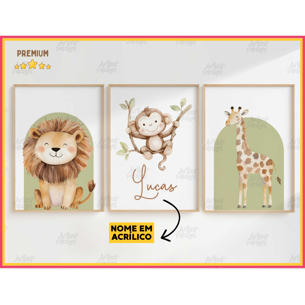 Quadro Decorativo 3 peças Animais Safari Baby Selva Folhas Quarto Infantil Menino – NOME EM ACRÍLICO