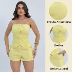 Conjunto Feminino Alfaiataria Premium Tomara que Caia com Botões + Short Elegante chik moderno elegante P ao GG