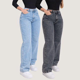 Kit Calça  Wide leg Jeans Grafite Feminina  Pantalona em Oferta na Shopee