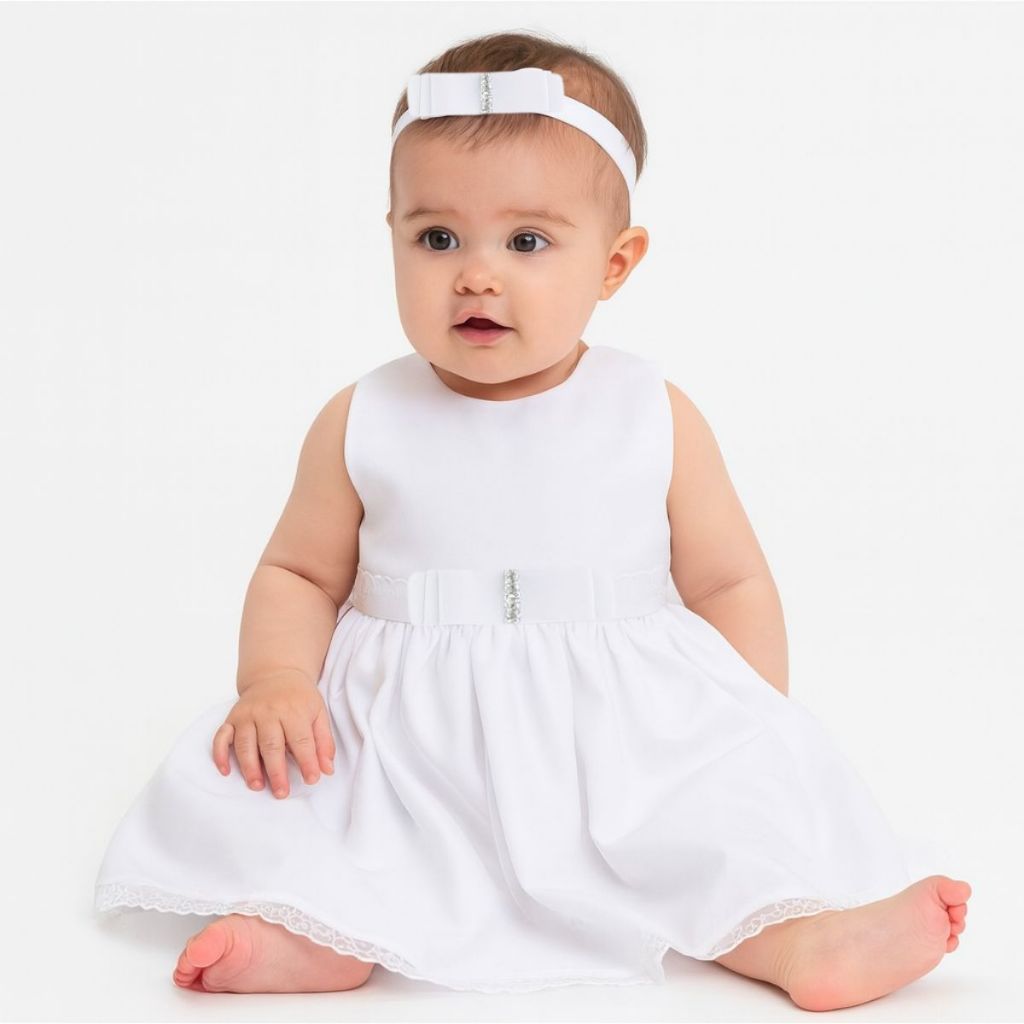 Vestido de Batizado Infantil Branco Luxo com Lacinho Manu